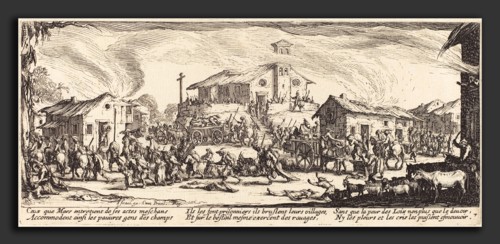 Jacques Callot (French, 1592 - 1635), Plundering and Burning a Village, c. 1633, etching