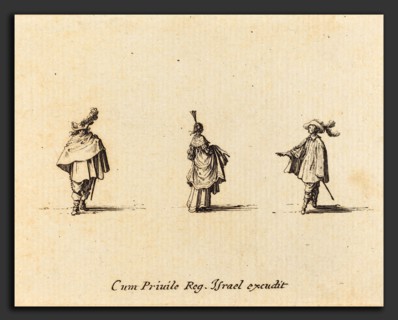 Jacques Callot (French, 1592 - 1635), Lady with Dress Gathered Up, and Two Gentlemen, probably