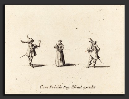 Jacques Callot (French, 1592 - 1635), Lady with Wine Bottle, and Two Gentlemen, probably 1634,