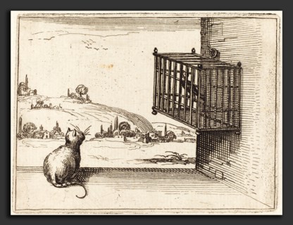 Jacques Callot (French, 1592 - 1635), Cat Watching Caged Bird, 1628, etching