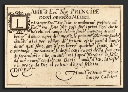 Jacques Callot (French, 1592 - 1635), Dedication to Don Lorenzo de' Medici, c. 1622, etching