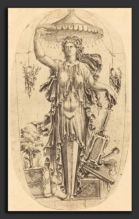 Jean Mignon (French, active 1543 - active c. 1545), Woman with Musical Instrument, etching