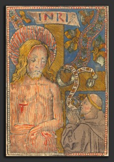 French 15th Century, The Man of Sorrows with a Franciscan, 1490-1500, woodcut, hand-colored in red,