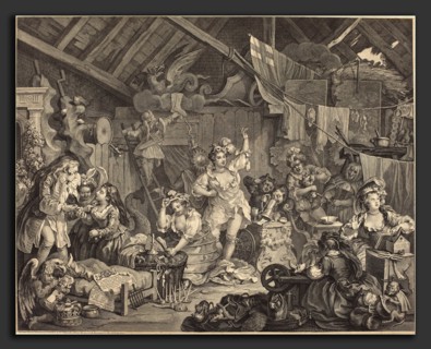 William Hogarth (English, 1697 - 1764), Strolling Actresses Dressing in a Barn, 1738, etching and