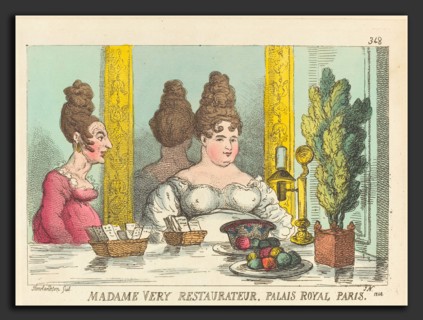 Thomas Rowlandson (British, 1756 - 1827), Madame Very Restaurateur, Palais Royal Paris, 1814,