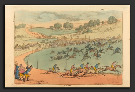 Thomas Rowlandson (British, 1756 - 1827), Racing, probably 1812, hand-colored etching