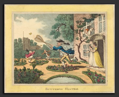 Thomas Rowlandson (British, 1756 - 1827), Butterfly Hunting, 1806, hand-colored etching