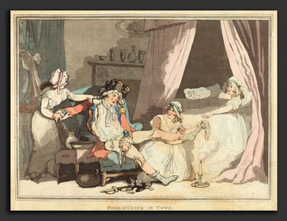 Thomas Rowlandson (British, 1756 - 1827), Four O'Clock in Town, 1788, hand-colored etching and