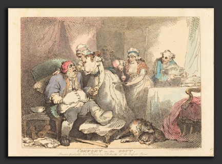 Thomas Rowlandson (British, 1756 - 1827), Comfort in the Gout, 1785, hand-colored etching