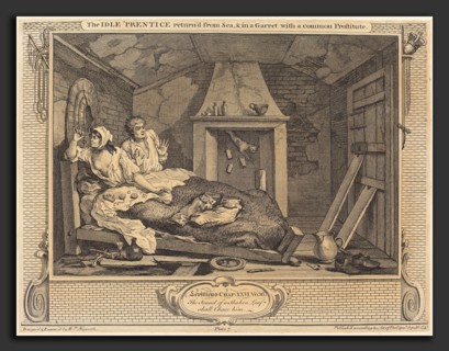 William Hogarth (English, 1697 - 1764), The Idle 'Prentice return'd from Sea & in a Garret with a