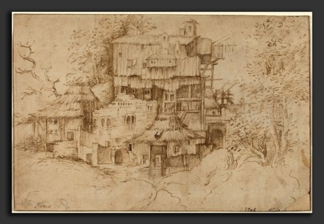 Circle of Giorgione (Italian, 1477-1478 - 1510), Rustic Houses Built among Ruins, 1510-1513, pen