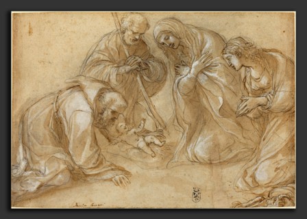 Lodovico Carracci (Italian, 1555 - 1619), The Nativity with Saints Francis and Agnes, c. 1605, pen