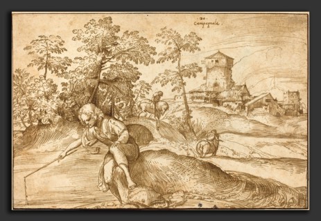 Domenico Campagnola (Italian, before 1500 - 1564), Landscape with a Boy Fishing, c. 1520, pen and