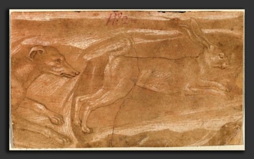 Benozzo Gozzoli (Italian, c. 1421 - 1497), A Hound Chasing a Hare, c. 1455, pen and brown ink with