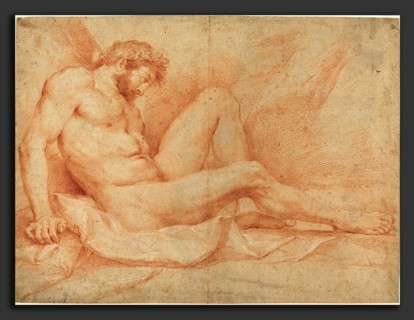 Andrea Sacchi (Italian, 1599 - 1661), Academic Nude Study of a Seated Male, red chalk heightened