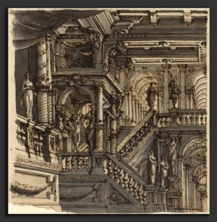 Bibiena (family member) (Italian, active 18th century), An Elaborate Staircase in a Palace, pen and