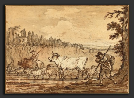 Attributed to Francesco Casanova (Italian, c. 1732-1733 - 1803), Herdsman Crossing a River, pen and