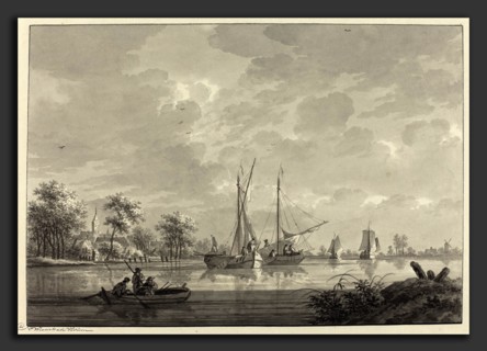 Nicolaas Wicart (Dutch, 1748 - 1815), Tull on the River Waal, gray wash over black chalk on laid