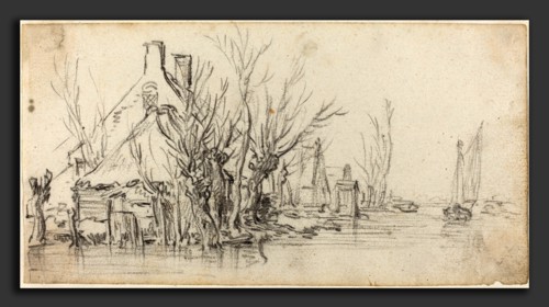 Jan van Goyen (Dutch, 1596 - 1656), Cottages by a River, c. 1627-1629, black chalk with touches of