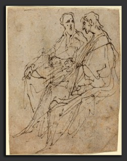 Sir Anthony van Dyck (Flemish, 1599 - 1641), Two Seated Male Figures, pen and black ink on buff