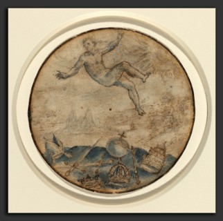 Flemish 17th Century, Man Falling from the Sky, pen and brown ink with blue wash and touches of