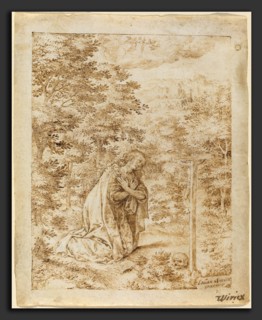 Johan Wierix (Flemish, c. 1549 - 1615 or after), Mary Magdalene Praying in the Wilderness, pen and