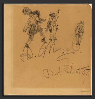 Adolph Menzel (German, 1815 - 1905), Three Hobos on the Artist's Signature, 1887, graphite on light