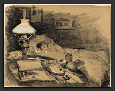 Melchior Lechter (German, 1865 - 1937), The Artist's Studio, 1885, graphite heightened with white