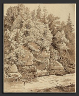 Carl Wagner (German, 1796 - 1867), Wooded Cliffs along a Stream, 1840s, black chalk with brown wash