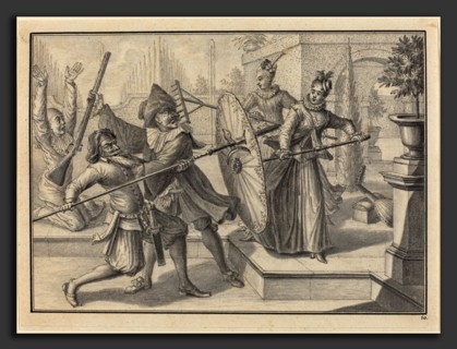 Johann Jacob SchÃ¼bler (German, 1689 - 1741), Pantaloon and the Doctor Fighting with Columbine and