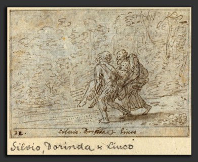 Johann Wilhelm Baur (German, 1607 - 1641), Silvio, Dorinda and Linco, 1640, pen and brown ink with