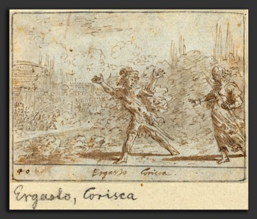 Johann Wilhelm Baur (German, 1607 - 1641), Ergasto and Corisca, 1640, pen and brown ink with brown