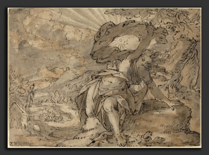 German 17th Century, Allegorical Female Figure in a Landscape [recto], c. 1600, pen and brown ink