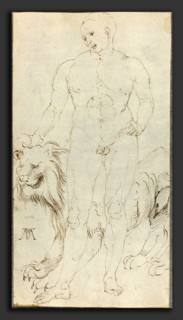 Albrecht DÃ¼rer (German, 1471 - 1528), Male Nude with a Lion, c. 1500, pen and brown ink on laid