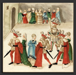 German 16th Century, Three Men in Red Capes Dancing with Their Partners, c. 1515, pen and brown ink