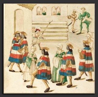German 16th Century, Men in Red, White and Blue Dancing with  Their Partners, c. 1515, pen and