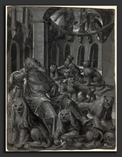 German 16th Century, Daniel in the Lions' Den [recto], c. 1600, pen and black ink with brush and