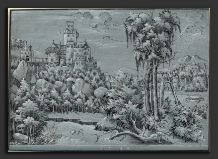 German 16th Century, Landscape with a Castle, 1544, pen and black ink with white heightening on