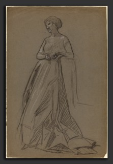 French 19th Century, Standing Woman Leaning on Her Elbow, 1890s, black chalk heightened with white