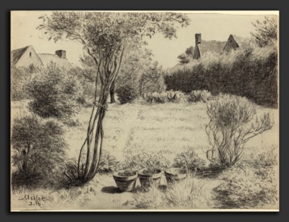 Jean-Baptiste Millet, Sunlit Garden, French, 1831 - 1906, black chalk with gray wash