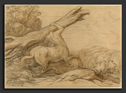 Alphonse Legros, Centaur Carrying a Tree Trunk, French, 1837 - 1911, brown and green ink over