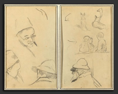 Paul Gauguin (French, 1848 - 1903), Three Studies of Men's Heads, One with Spectacles; Dogs,