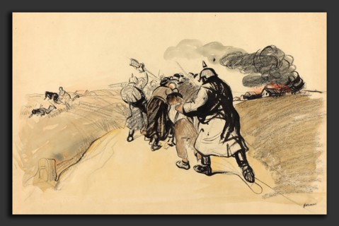 Jean-Louis Forain, German Raid on a Village, French, 1852 - 1931, c. 1914-1919, brush and black ink