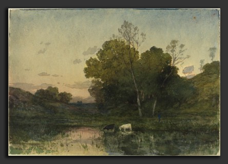 Henri-Joseph Harpignies (French, 1819 - 1916), Evening Light on a Wooded Lakeside with Cattle