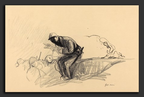 Jean-Louis Forain, News in the Trenches, French, 1852 - 1931, c. 1914-1919, black crayon and brush