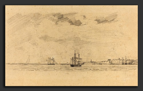 EugÃ¨ne Boudin (French, 1824 - 1898), Coastal Landscape with Shipping, c. 1858, graphite
