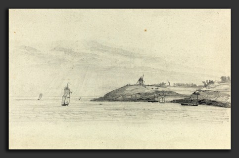 EugÃ¨ne Boudin (French, 1824 - 1898), Coastal Landscape with Shipping; Windmill in Distance, c.