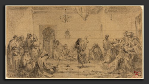 Edmond Hedouin (French, 1820 - 1889), Interior with Dancer, graphite, squared for transfer, on buff