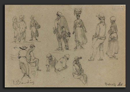 EugÃ¨ne Boudin (French, 1824 - 1898), Provincial Figures, graphite on gray wove paper