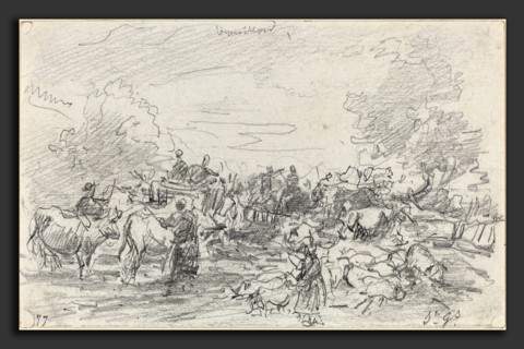 EugÃ¨ne Boudin (French, 1824 - 1898), Herds Crossing a Stream, 1877, graphite on wove paper
